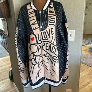 Graphic Peace & Love Baseball Jacket in navy and Cream
